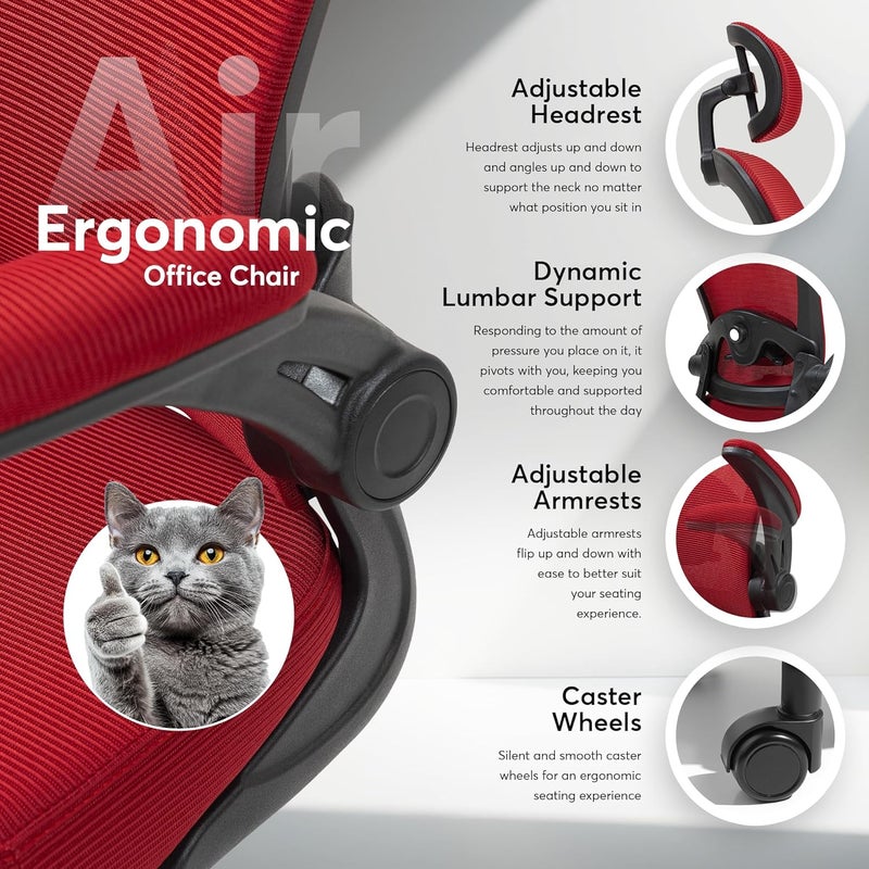 Oline ErgoAir Ergonomic Office Chair – Adjustable Lumbar Support, Flip-Up Armrests, Mesh Computer Desk Chair, Swivel Rolling Executive Gaming Chair for Home & Office (Red) - Image 4